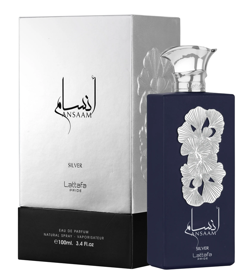 Ansaam Silver perfume bottle with floral silver design beside matching silver and black box.
