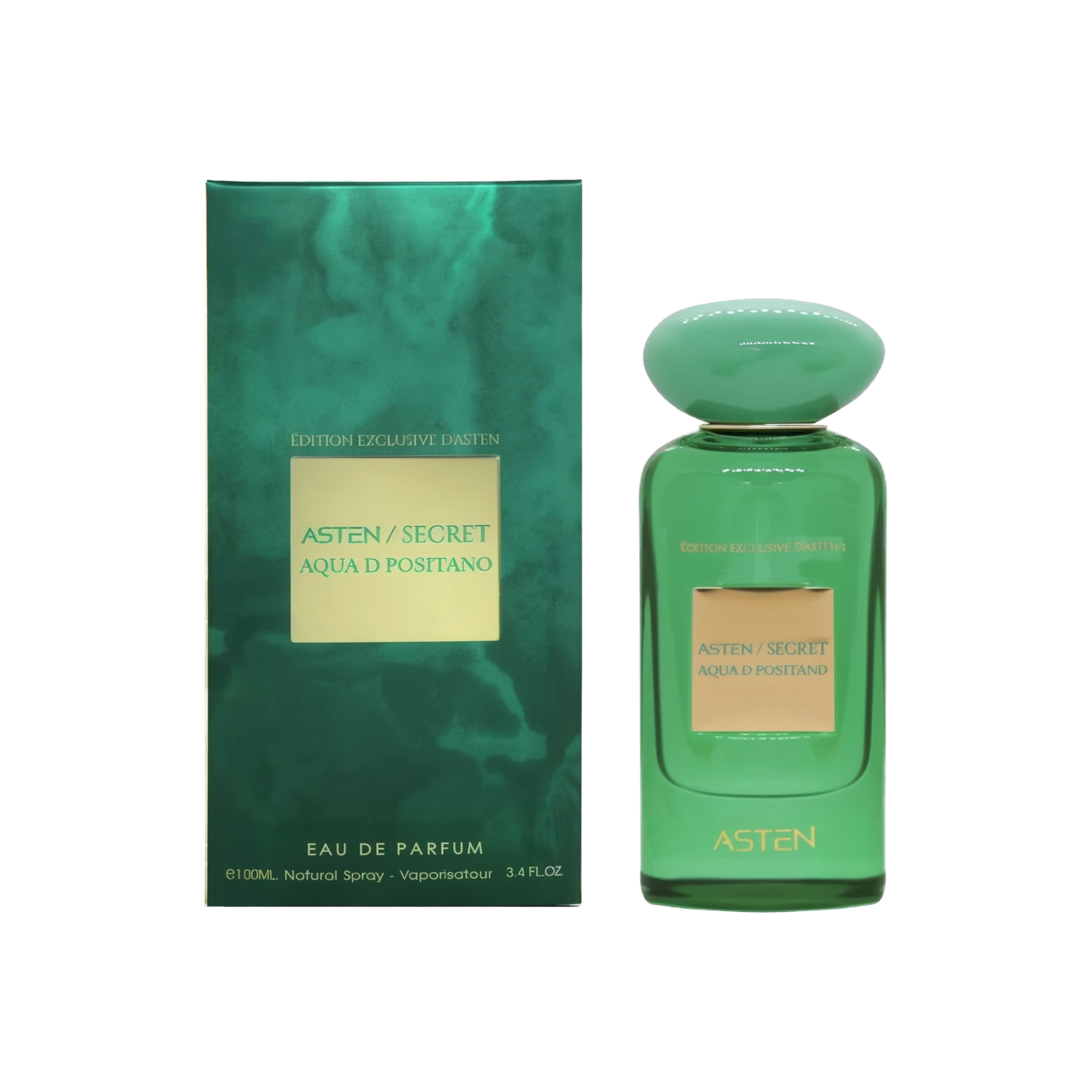 A green, rectangular perfume bottle with a rounded cap, displayed alongside its matching green and gold box. The packaging features the brand name “Asten/Secret” and the fragrance name “Aqua D Positano.” The bottle and box have a luxurious, glossy finish.