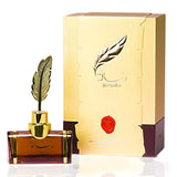 The image shows a luxurious perfume set which includes a bottle and its packaging. The perfume bottle has a dark amber hue with a golden cap shaped like a feather, giving it a distinctive, elegant appearance. It is juxtaposed with its packaging, a gold textured box with a silhouette of the same feather embossed on it, along with what seems to be the brand's name in a stylized script. The box features a torn edge design on one side, and a red seal near the bottom corner adds a touch of classic refinement.