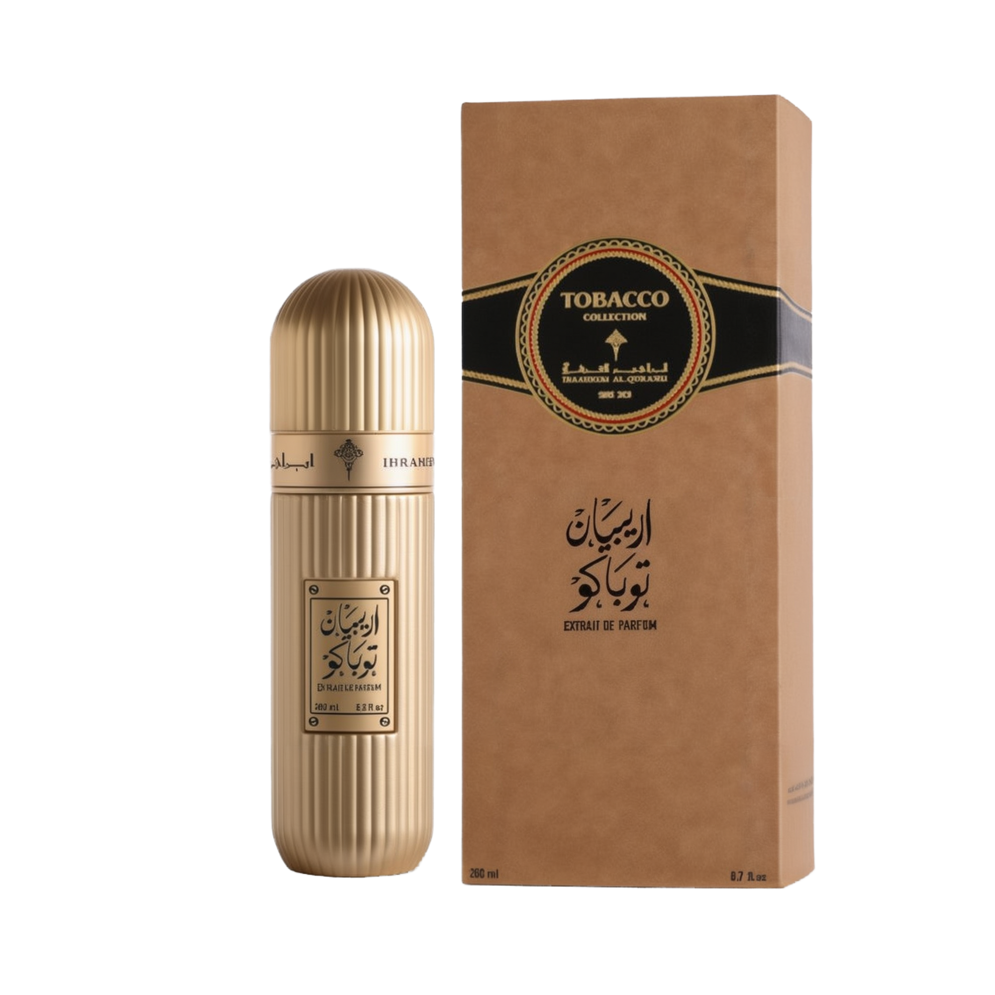 A luxurious bottle of Arabian Tobacco Extrait De Parfum by Ibraheem Al-Qurashi, displayed beside its matching box. The tall, cylindrical bottle features a metallic gold finish with vertical ribbing, a rounded dome cap, and a black-embossed label in Arabic and English. The kraft brown box showcases a bold black and gold emblem with the words 'TOBACCO COLLECTION' and additional branding in both Arabic and English, with the volume marked as 200 ml (6.7 fl. oz.).