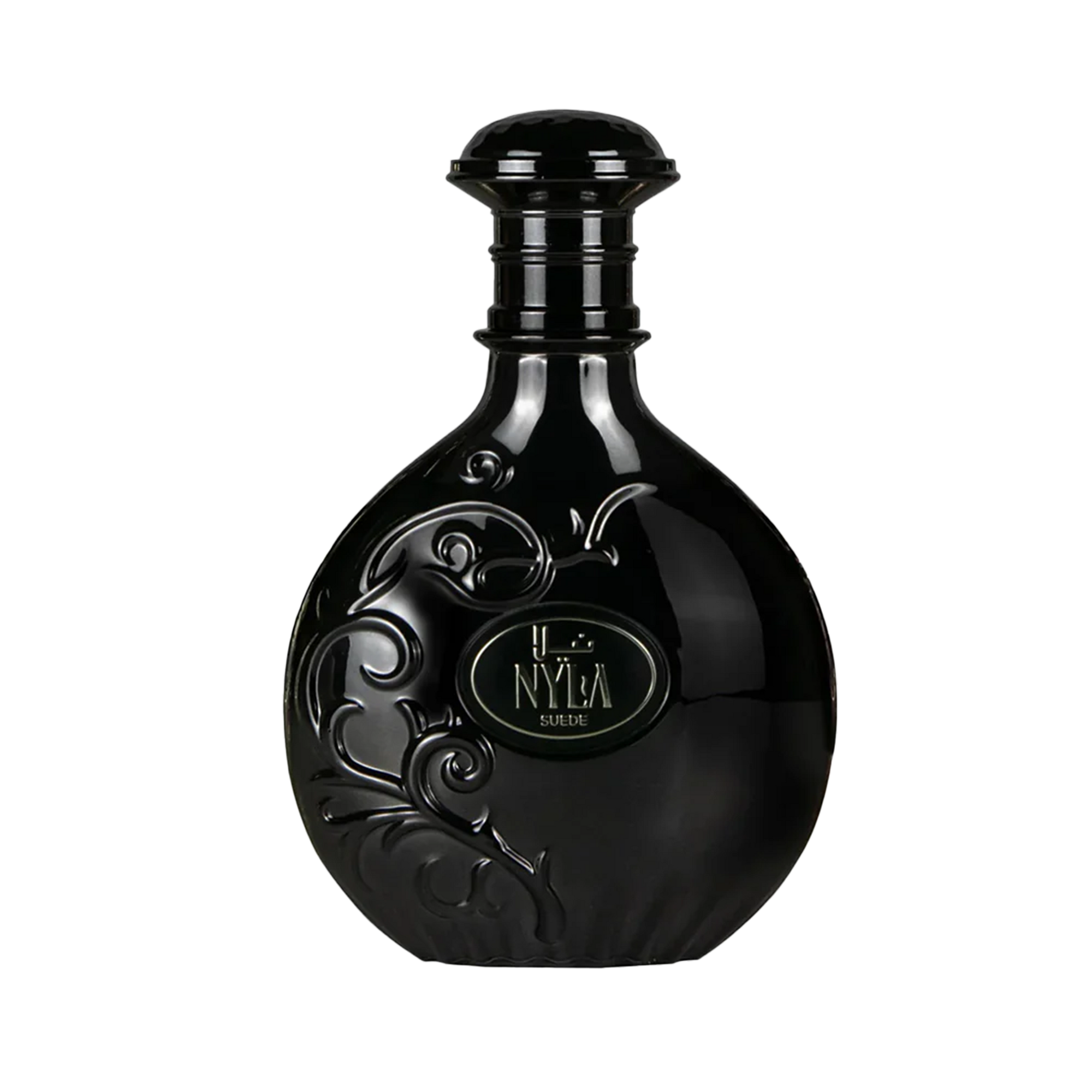 Black round perfume bottle of Arabiyat Prestige Nyla Suede with embossed floral pattern and elegant cap.