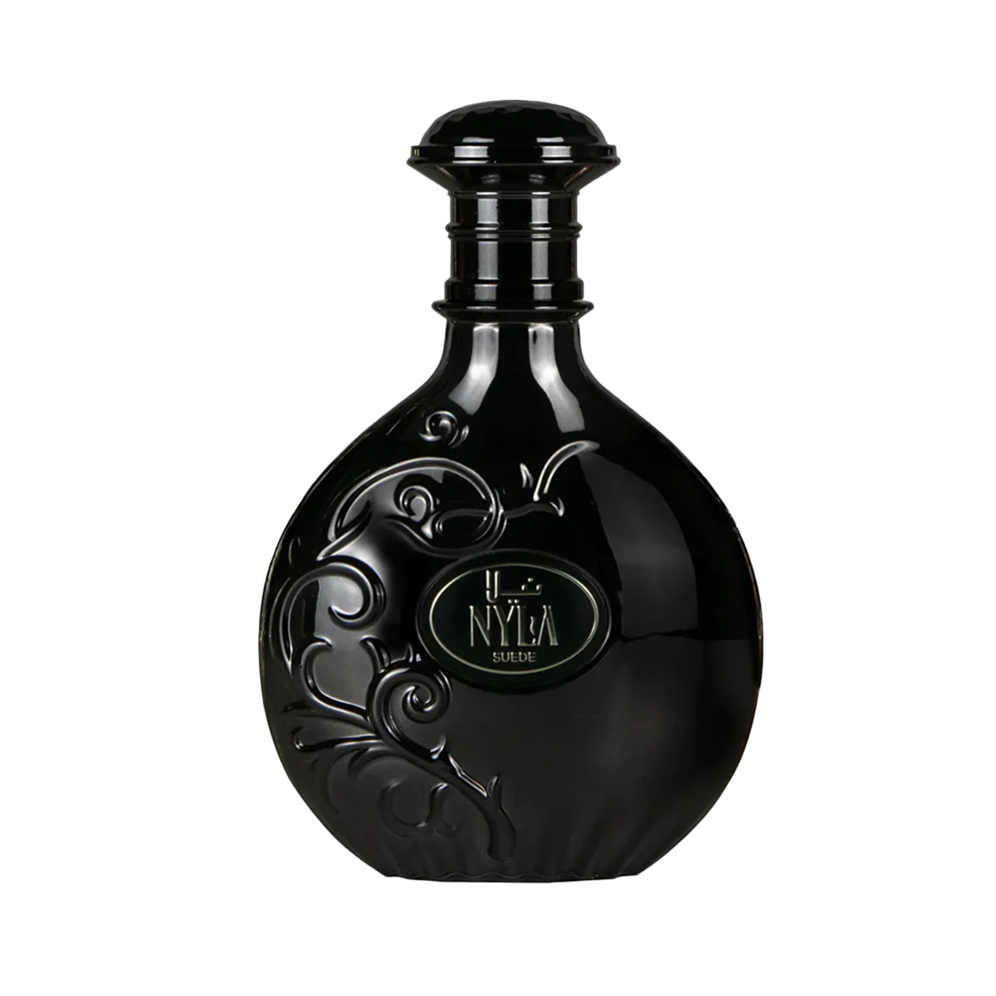 Black round perfume bottle of Arabiyat Prestige Nyla Suede with embossed floral pattern and elegant cap.
