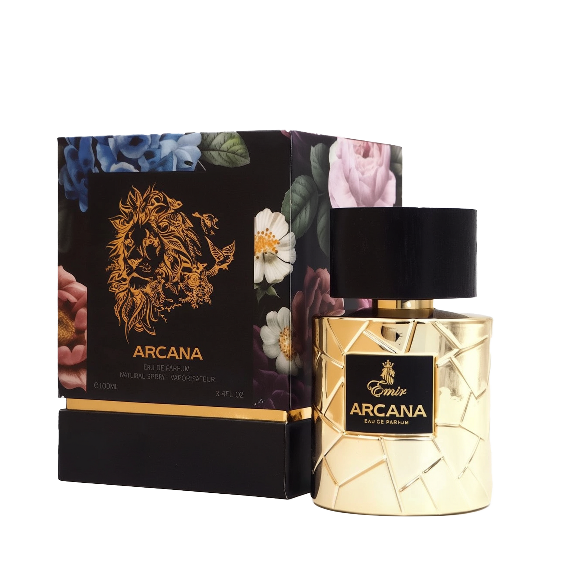 A glamorous, gold-toned perfume bottle of Emir Arcana Eau de Parfum with a black cylindrical cap and a geometric quilted design, shown beside its matching black box adorned with vibrant floral artwork and a striking gold lion motif.