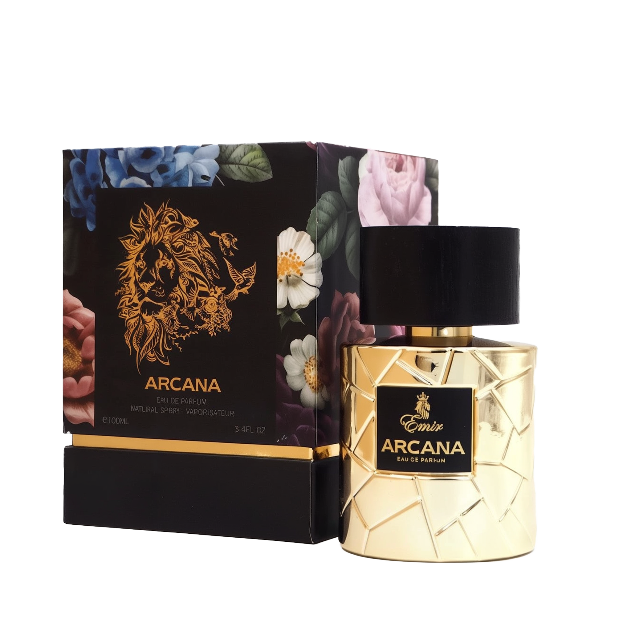A glamorous, gold-toned perfume bottle of Emir Arcana Eau de Parfum with a black cylindrical cap and a geometric quilted design, shown beside its matching black box adorned with vibrant floral artwork and a striking gold lion motif.