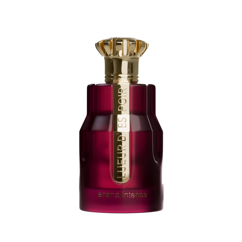 Deep burgundy perfume bottle with gold crown-shaped cap and Arena Intense branding on front.