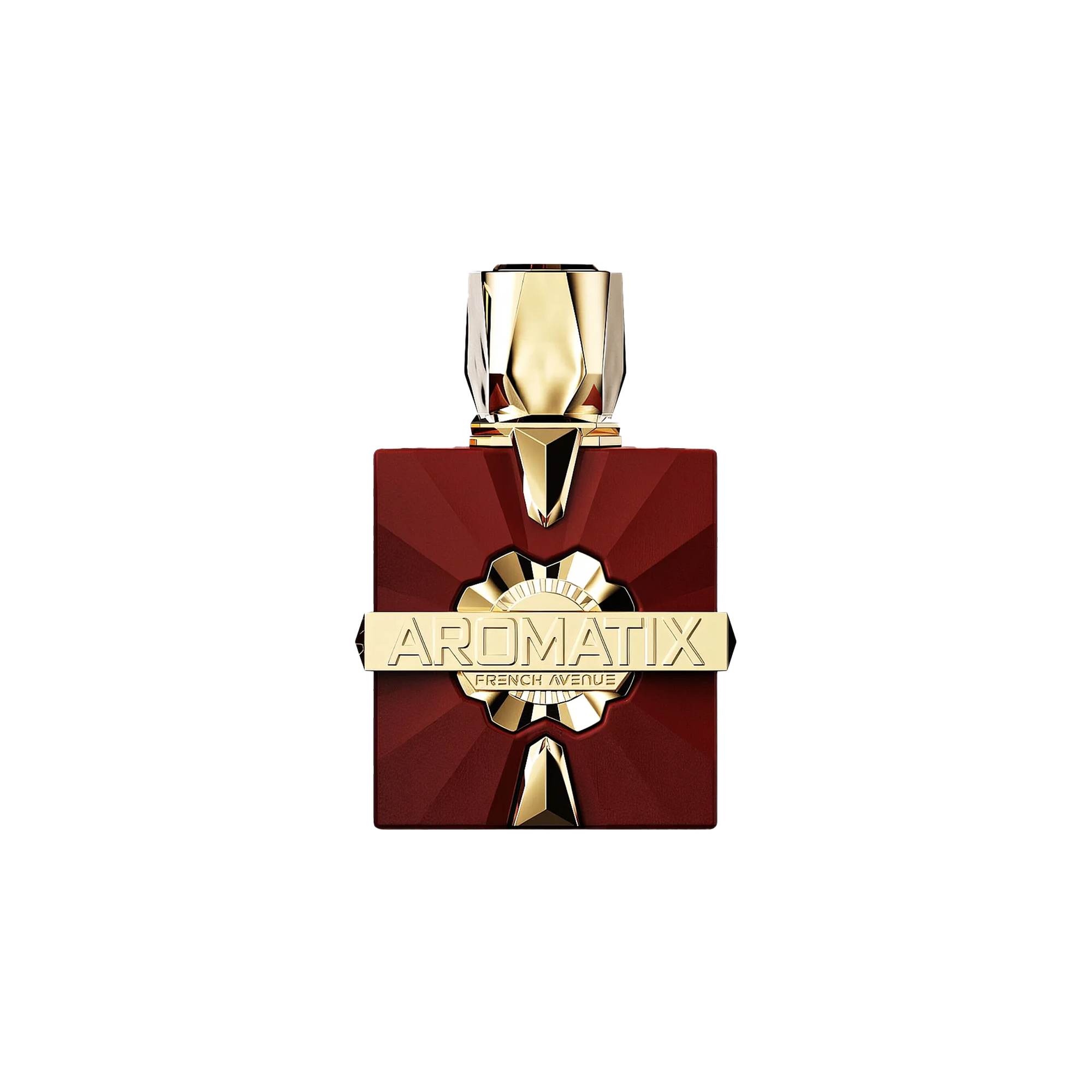 Deep red square perfume bottle with a faceted gold cap and  featuring a gold Aromatix French Avenue plaque.