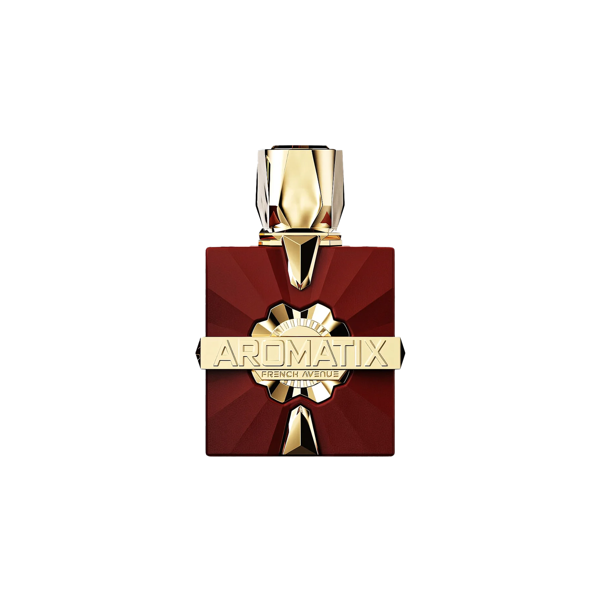 Deep red square perfume bottle with a faceted gold cap and  featuring a gold Aromatix French Avenue plaque.