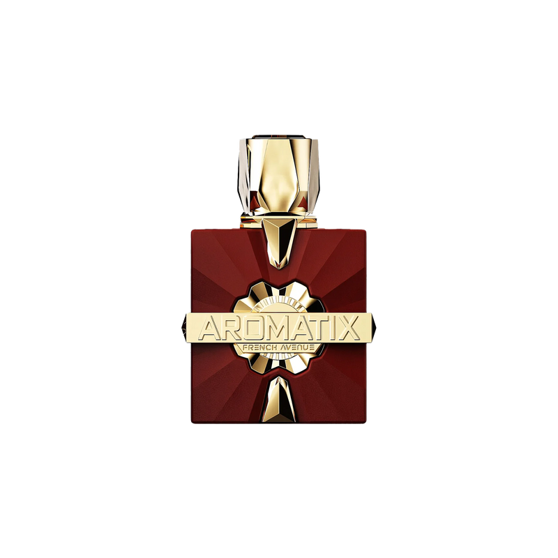 Deep red square perfume bottle with a faceted gold cap and  featuring a gold Aromatix French Avenue plaque.