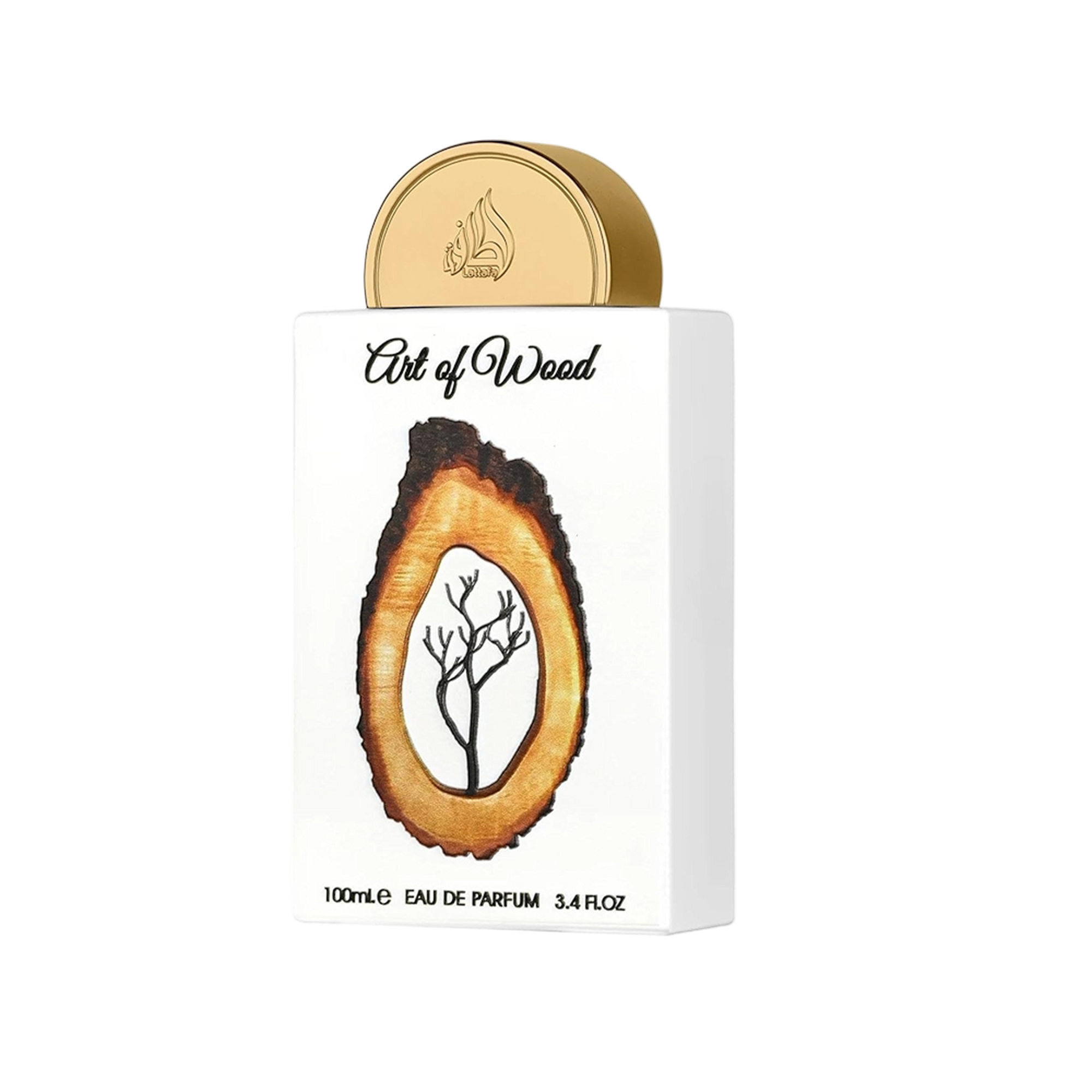 Lattafa Art of Wood perfume bottle in white with gold cap and wood-grain tree design.