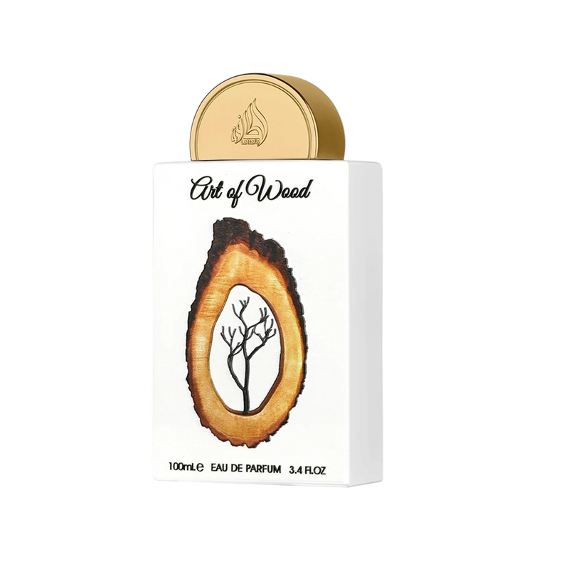 Lattafa Art of Wood perfume bottle in white with gold cap and wood-grain tree design.