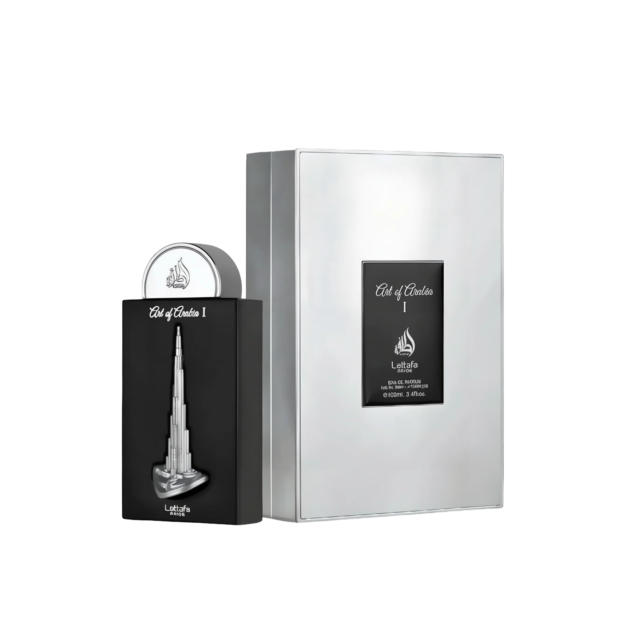 The image shows a perfume bottle and packaging from Lattafa Pride, branded as "Art of Arabia I." The perfume bottle has a sleek black design with a silver depiction of a tall, iconic skyscraper, resembling the Burj Khalifa, embossed on the front. The bott