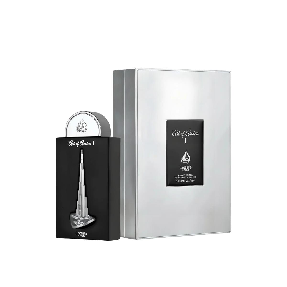 The image shows a perfume bottle and packaging from Lattafa Pride, branded as "Art of Arabia I." The perfume bottle has a sleek black design with a silver depiction of a tall, iconic skyscraper, resembling the Burj Khalifa, embossed on the front. The bott