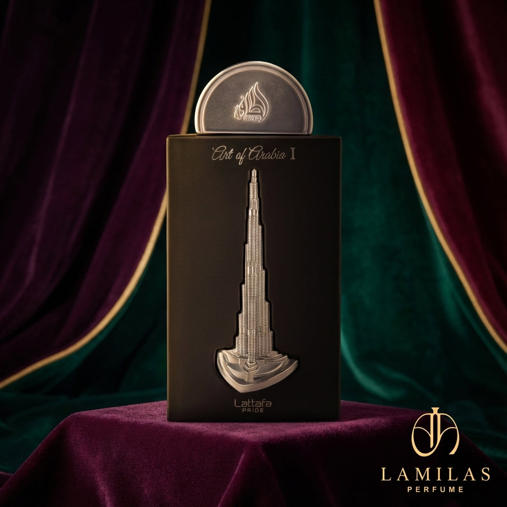 Lattafa Art of Arabia I perfume packaging; black box adorned with a silver relief of the Burj Khalifa on purple velvet.