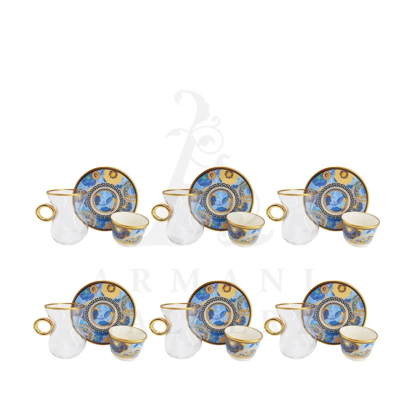 Artemis Coffee and Tea Set Flower Design Blue Gold Rim 18 Pcs - Armani Gallery