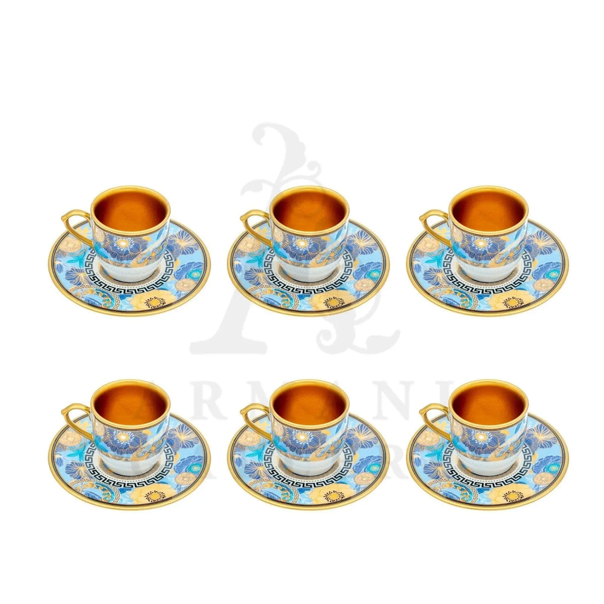 Artermis Coffee Cup Set Leaf Design Blue Gold Rim 6pcs - Armani Gallery