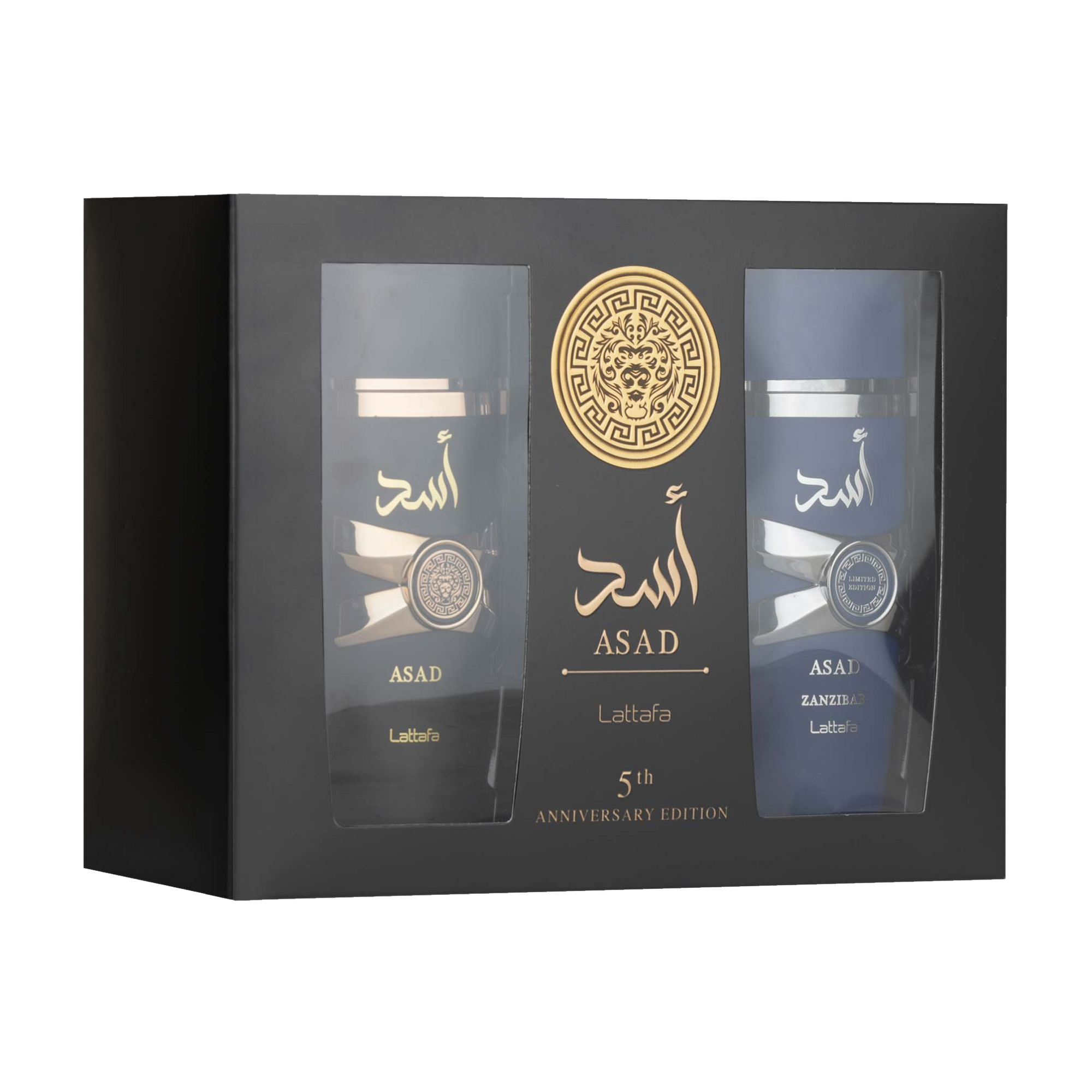 Lattafa Asad 5th Anniversary Edition gift set box with two bottles, black and navy blue, featuring gold and silver in premium packaging.