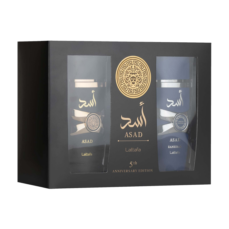 Lattafa Asad 5th Anniversary Edition gift set box with two bottles, black and navy blue, featuring gold and silver in premium packaging.