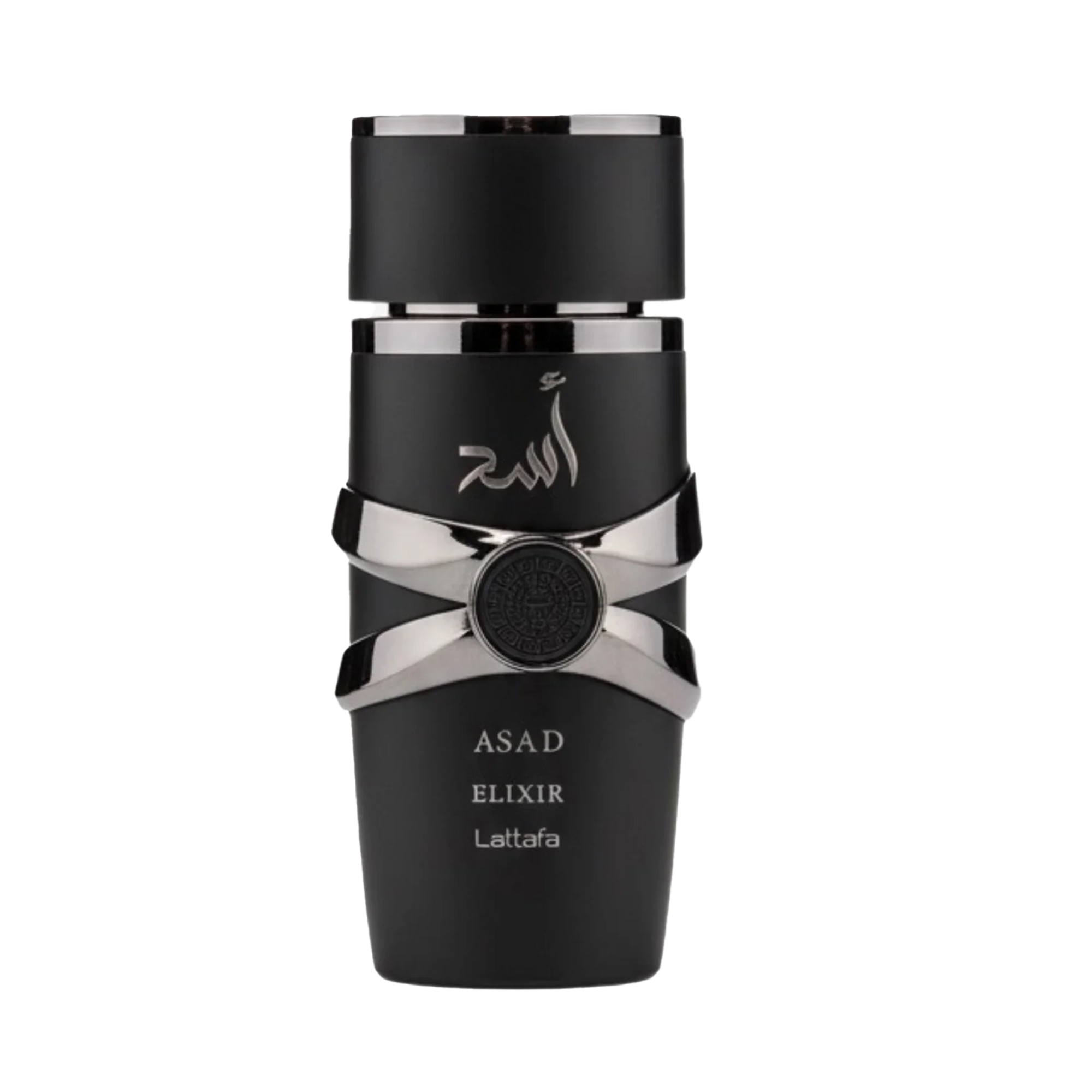 Lattafa Asad Elixir perfume bottle in matte black with silver metallic accents and Arabic script, featuring a round emblem.