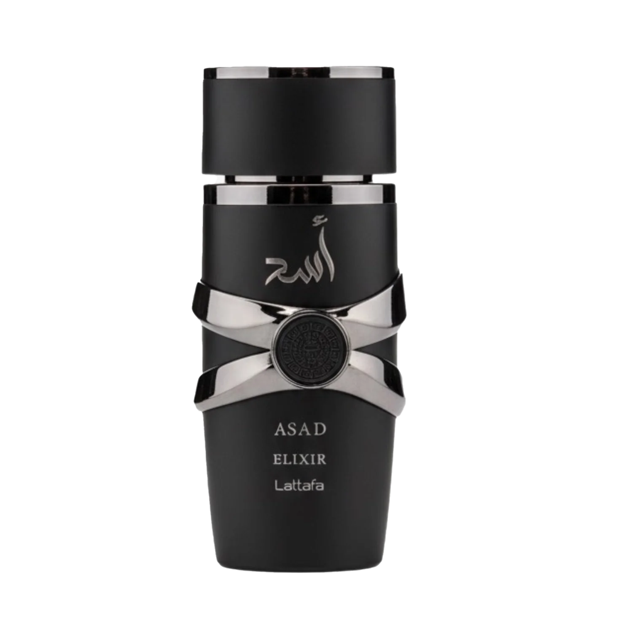 Lattafa Asad Elixir perfume bottle in matte black with silver metallic accents and Arabic script, featuring a round emblem.