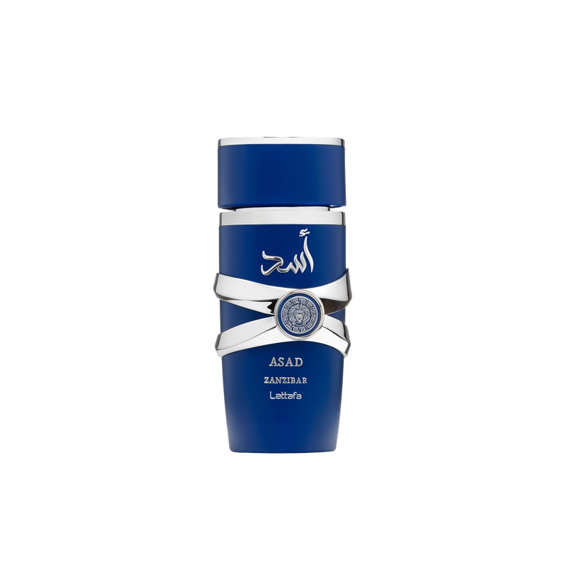 A tall, deep-blue cylindrical perfume bottle with silver decorative bands crossing around the middle, featuring Arabic text on the upper portion and labeled “Asad Zanzibar” by Lattafa.