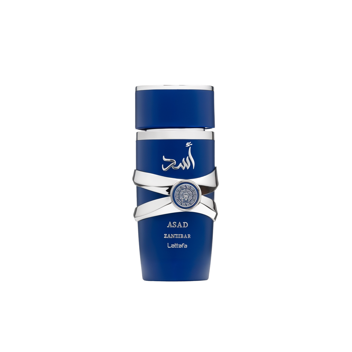 A tall, deep-blue cylindrical perfume bottle with silver decorative bands crossing around the middle, featuring Arabic text on the upper portion and labeled “Asad Zanzibar” by Lattafa.