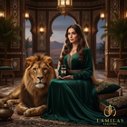 A woman in a velvet green gown sits beside a male lion in a luxury Arabian setting, holding the Lamilas Asad perfume bottle.