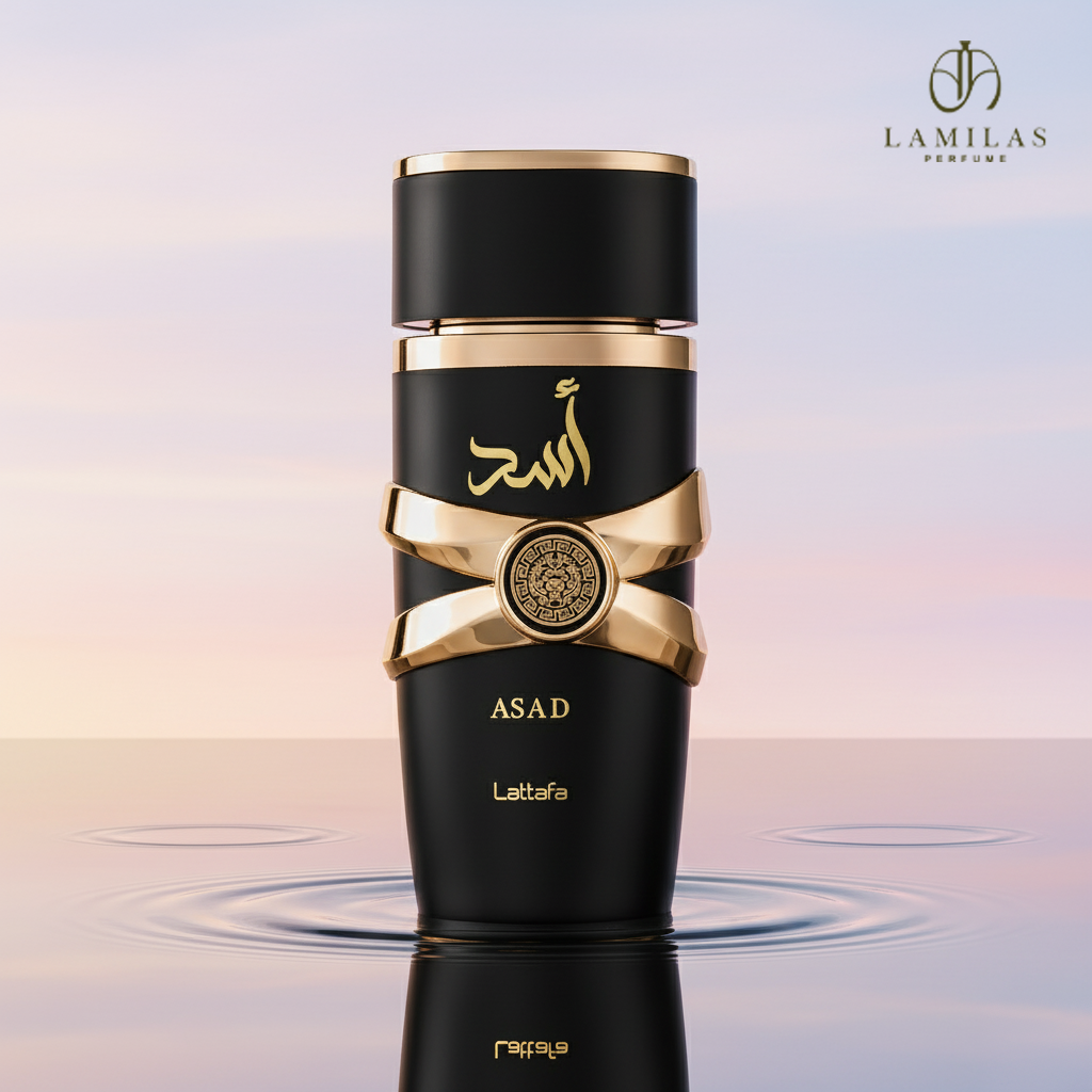 Matte black Lattafa Asad perfume bottle featuring gold trim and Arabic calligraphy, reflected in water.lattafa-asad-perfume-black-gold-bottle.jpg
