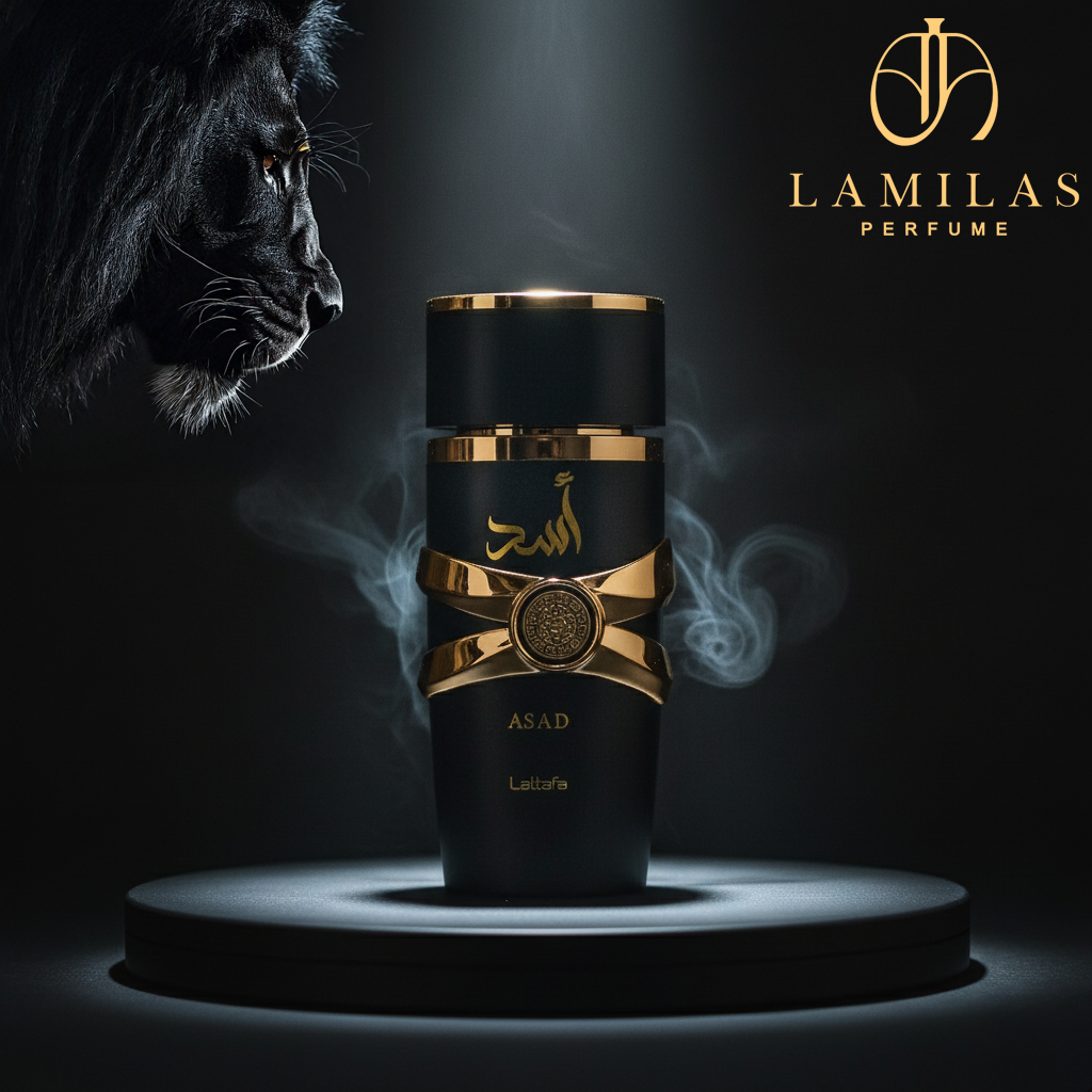 Lattafa Asad perfume, a matte black bottle with gold X-band, sitting dramatically on a pedestal.