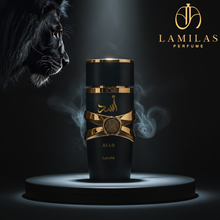 Lattafa Asad perfume, a matte black bottle with gold X-band, sitting dramatically on a pedestal.