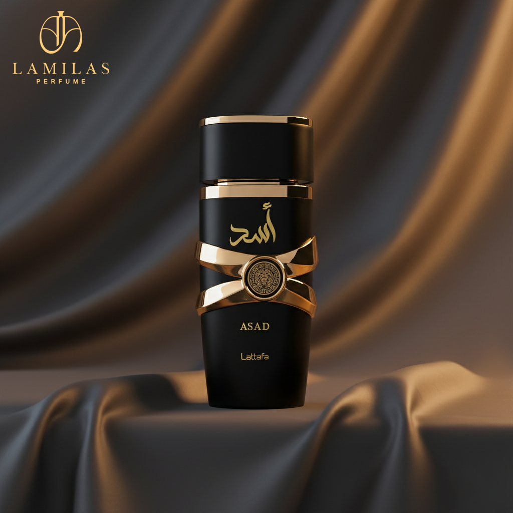 Luxurious matte black Lattafa Asad perfume bottle featuring cross-strap gold accents and gold typography on dark silk.