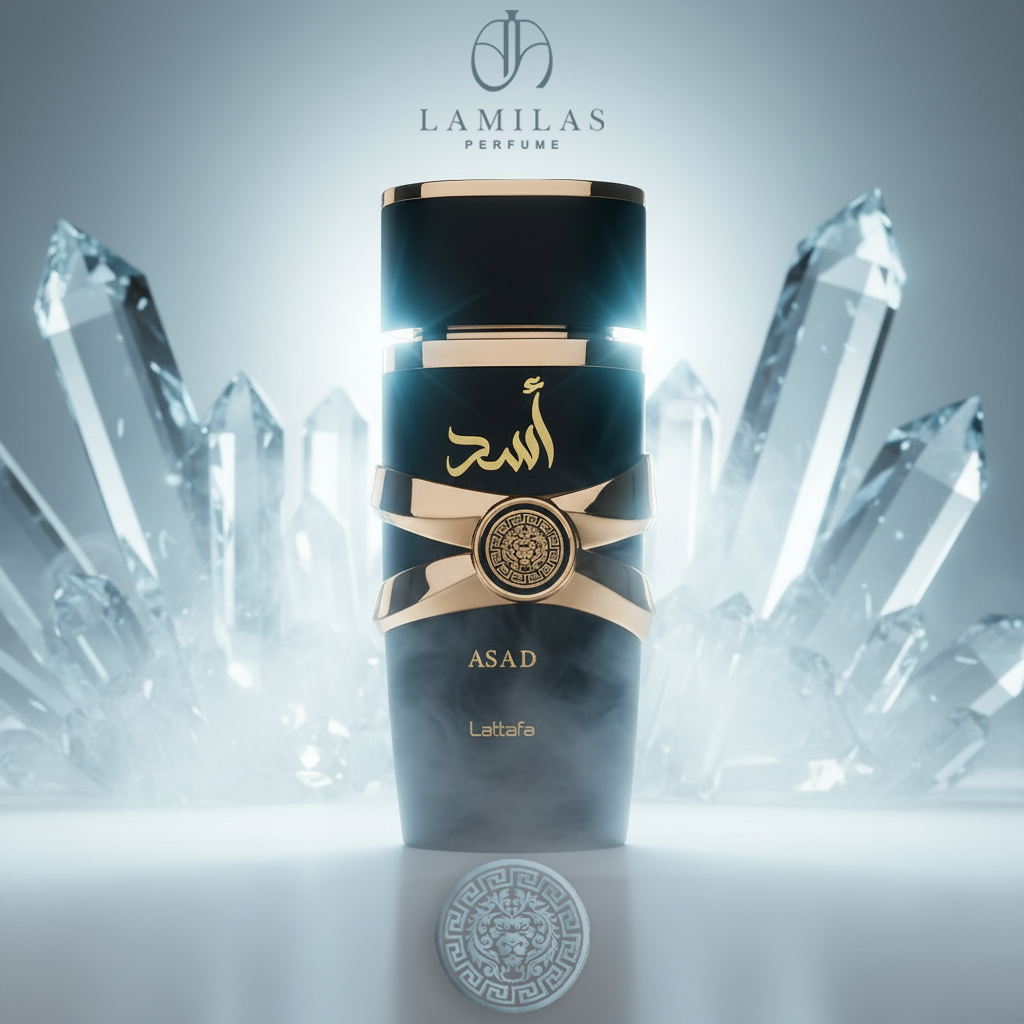 Black and gold Lattafa Asad perfume bottle with Arabic script, standing among large, icy quartz crystals.lattafa-asad-black-gold-perfume-crystal.jpg