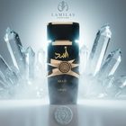 Black and gold Lattafa Asad perfume bottle with Arabic script, standing among large, icy quartz crystals.lattafa-asad-black-gold-perfume-crystal.jpg