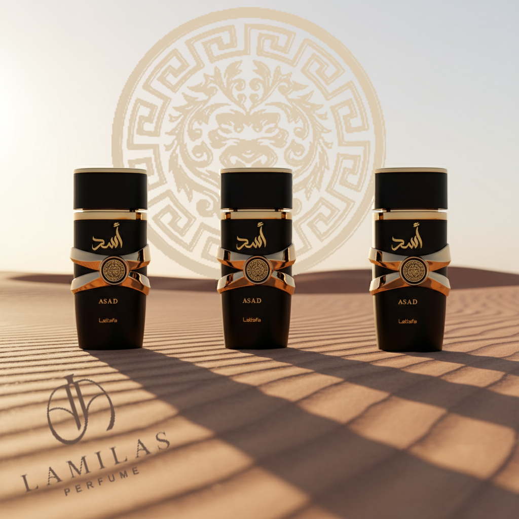Three Lattafa Asad black perfume bottles with gold detailing posed on sand dunes with a lion motif in the background.