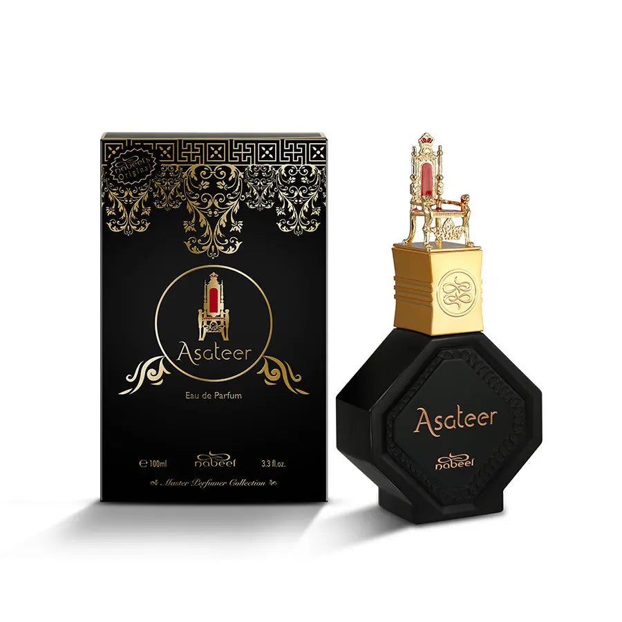 The image shows a black hexagonal perfume bottle with the name "Asateer" in gold lettering, from Nabeel Perfumes. The bottle has a unique gold cap resembling a miniature throne with red upholstery details. Accompanying the bottle is its packaging, a black box with ornate gold patterns and details, the product name, and the brand logo "nabeel" in gold. The box also specifies "Eau de Parfum" and contains a circular design with an image of the throne cap.