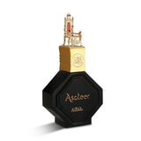 The image features an intricately designed perfume bottle labeled "Asateer" by Nabeel Perfumes. The bottle has a distinctive hexagonal shape with a black matte finish and gold lettering. The cap is gold-colored and topped with an ornate miniature golden throne with red accents, which adds a regal touch to the design. The branding "nabeel" is subtly placed below the perfume's name on the bottle.