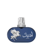 A product shot of Le Falcone Niche Collection’s “Aseel High Fly” perfume against a white background: a horizontal, oval-shaped deep-blue glass bottle filled with golden liquid, adorned with a raised silver Pegasus figure on its left and Arabic calligraphy above the word “Aseel” in silver lettering on the right.