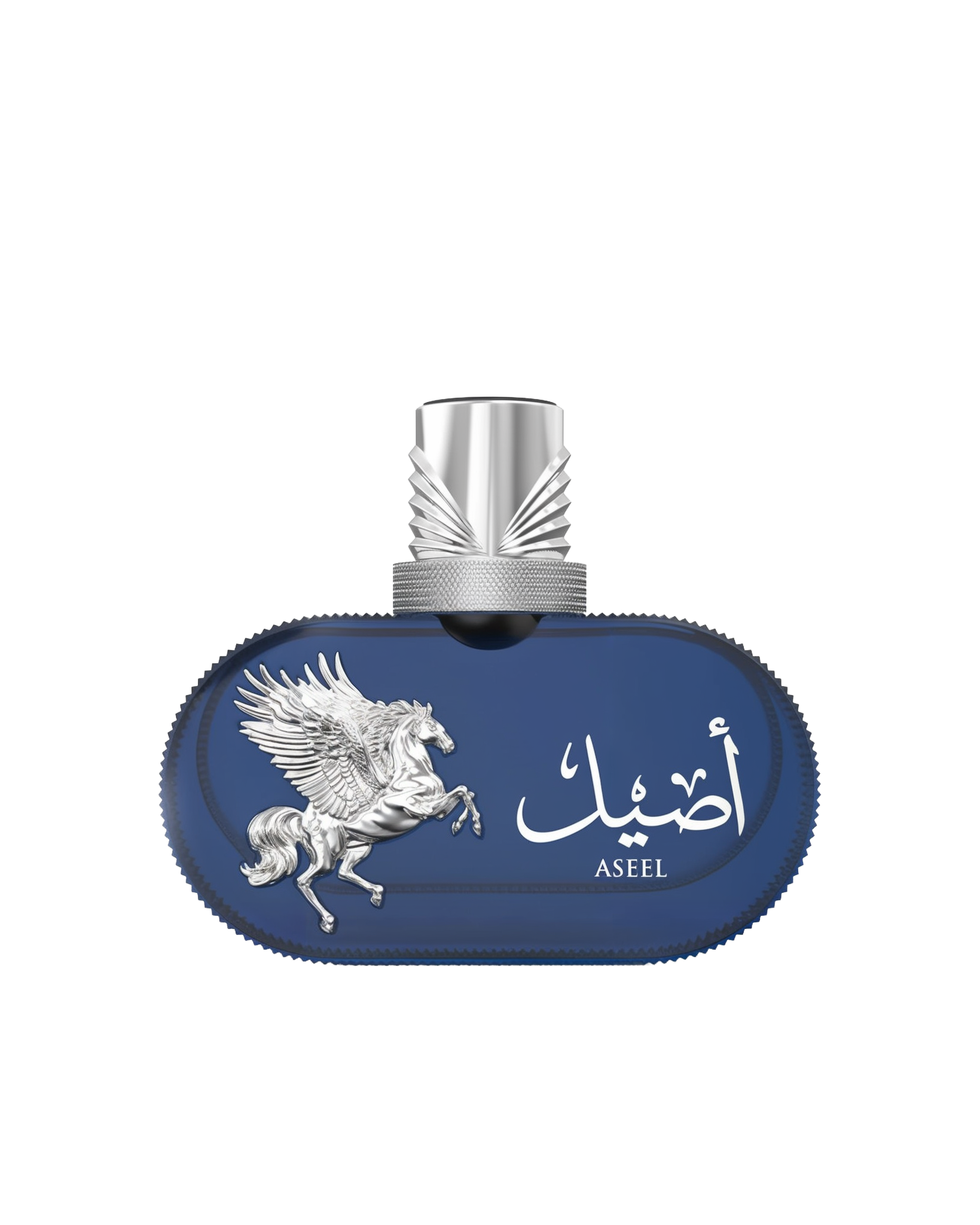 A product shot of Le Falcone Niche Collection’s “Aseel High Fly” perfume against a white background: a horizontal, oval-shaped deep-blue glass bottle filled with golden liquid, adorned with a raised silver Pegasus figure on its left and Arabic calligraphy above the word “Aseel” in silver lettering on the right.