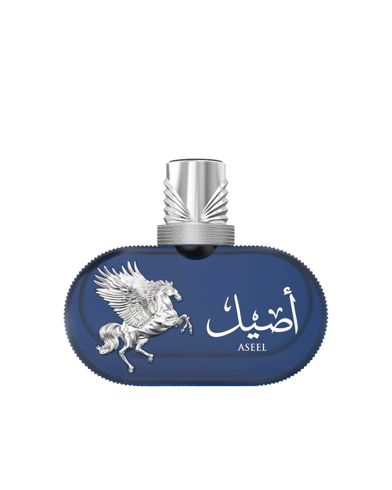 A product shot of Le Falcone Niche Collection’s “Aseel High Fly” perfume against a white background: a horizontal, oval-shaped deep-blue glass bottle filled with golden liquid, adorned with a raised silver Pegasus figure on its left and Arabic calligraphy above the word “Aseel” in silver lettering on the right.