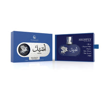 Le Falcone Niche Collection’s “Aseel High Fly” perfume against a white background: on the left, a closed rectangular matte-blue gift box with a glossy silver-white oval panel featuring Arabic calligraphy, the word “Aseel,” the Le Falcone logo, and a raised silver Pegasus emblem; on the right, the box is opened like a drawer to reveal the horizontal oval deep-blue glass bottle filled with golden liquid.