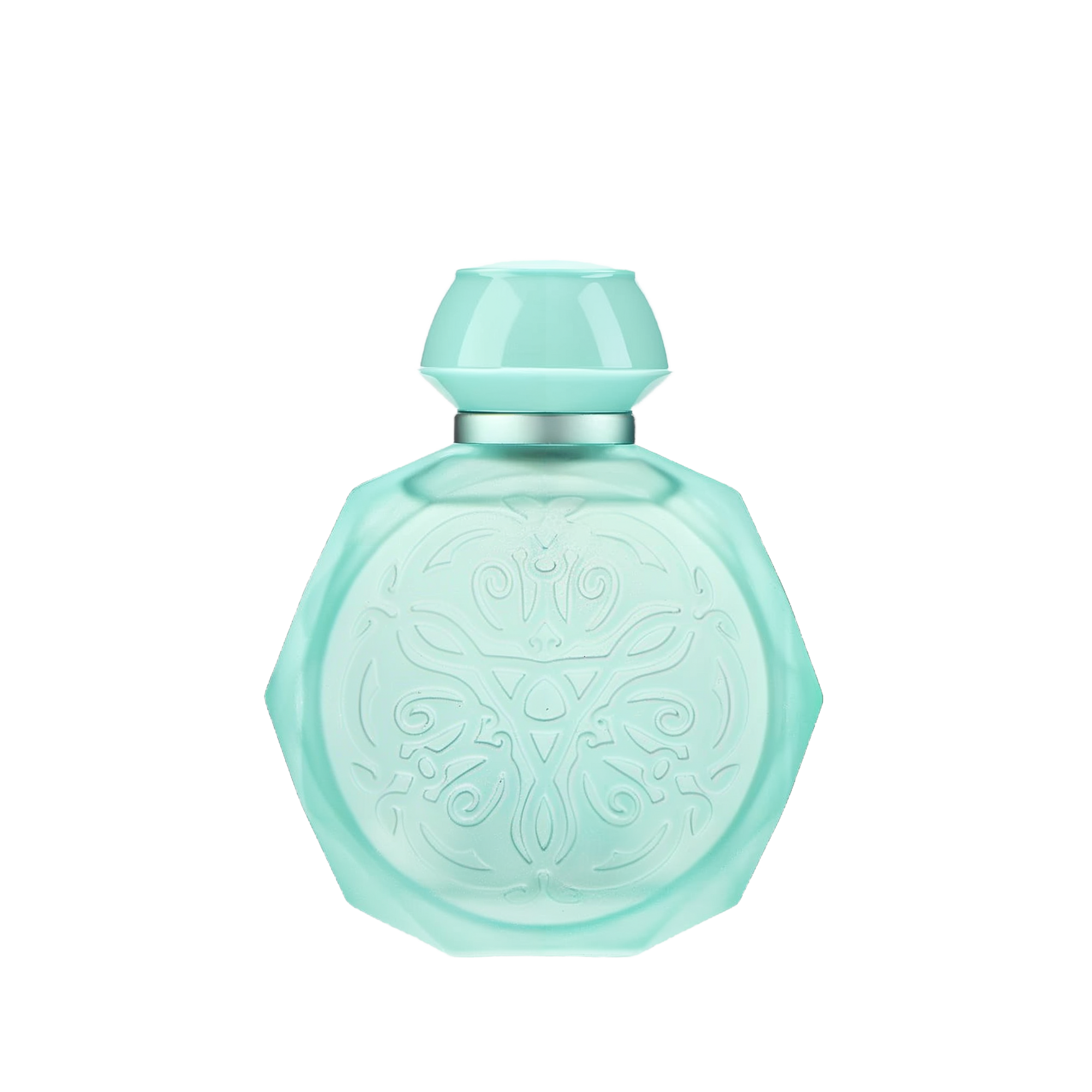 A pastel blue octagonal perfume bottle with intricate embossed designs on the front. The bottle features a matching pastel blue cap and a silver collar, adding a touch of elegance and sophistication. The soft blue color and detailed patterns give the bottle a delicate and luxurious appearance, perfect for a high-end fragrance.