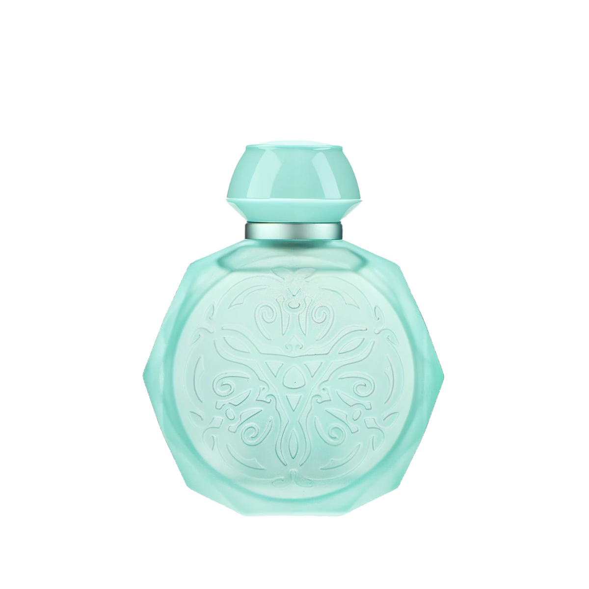 A pastel blue octagonal perfume bottle with intricate embossed designs on the front. The bottle features a matching pastel blue cap and a silver collar, adding a touch of elegance and sophistication. The soft blue color and detailed patterns give the bottle a delicate and luxurious appearance, perfect for a high-end fragrance.