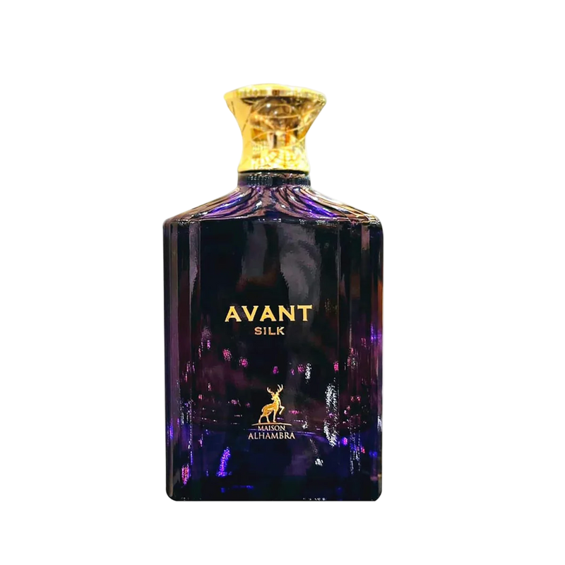 Maison Alhambra Avant Silk perfume bottle in deep purple glass with gold cap and lettering.