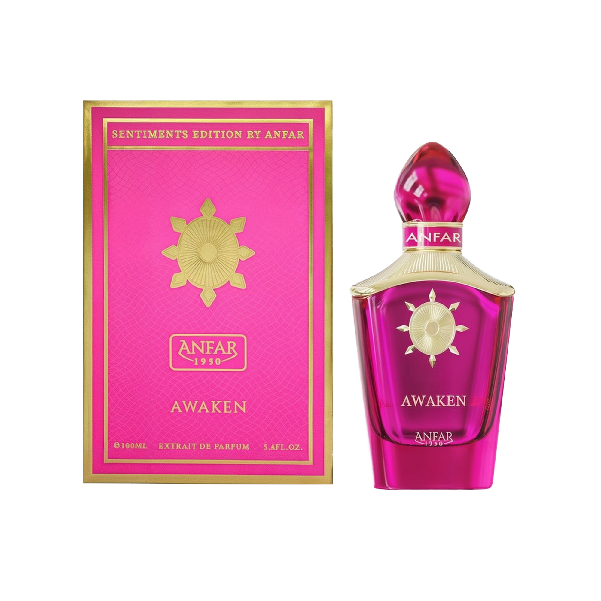A pink, glass perfume bottle with a sculpted gold neck and a matching magenta-and-gold cap stands next to its coordinating pink box. The box features gold accents and the “ANFAR 1950” logo, as well as a sunburst-style emblem in the center and the word “AWAKEN” at the bottom.