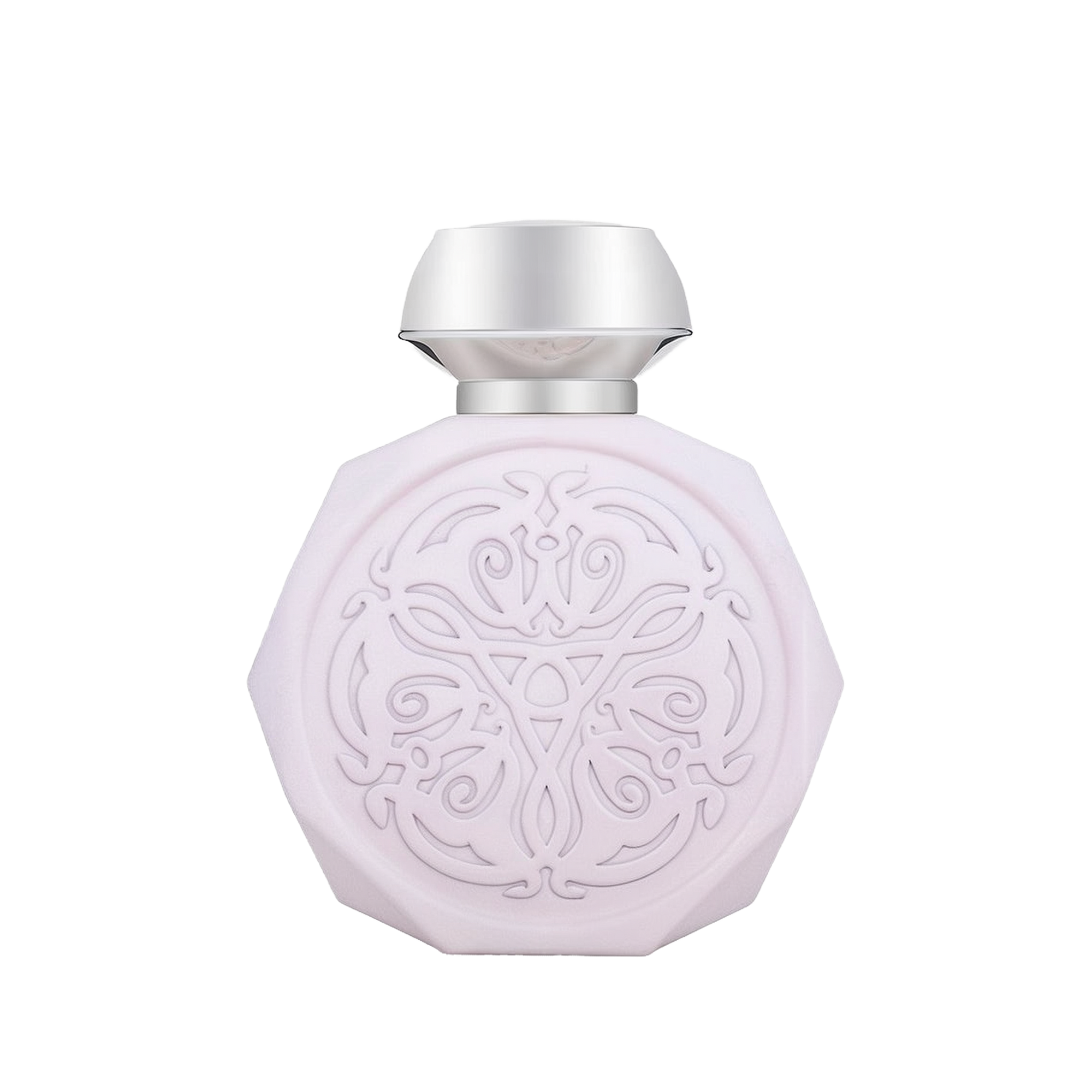 A pale pink, octagonal perfume bottle with intricate, embossed designs on the front. The bottle features a sleek, metallic silver cap that contrasts with the delicate design. The detailed pattern on the bottle adds an elegant and sophisticated touch to its overall appearance.