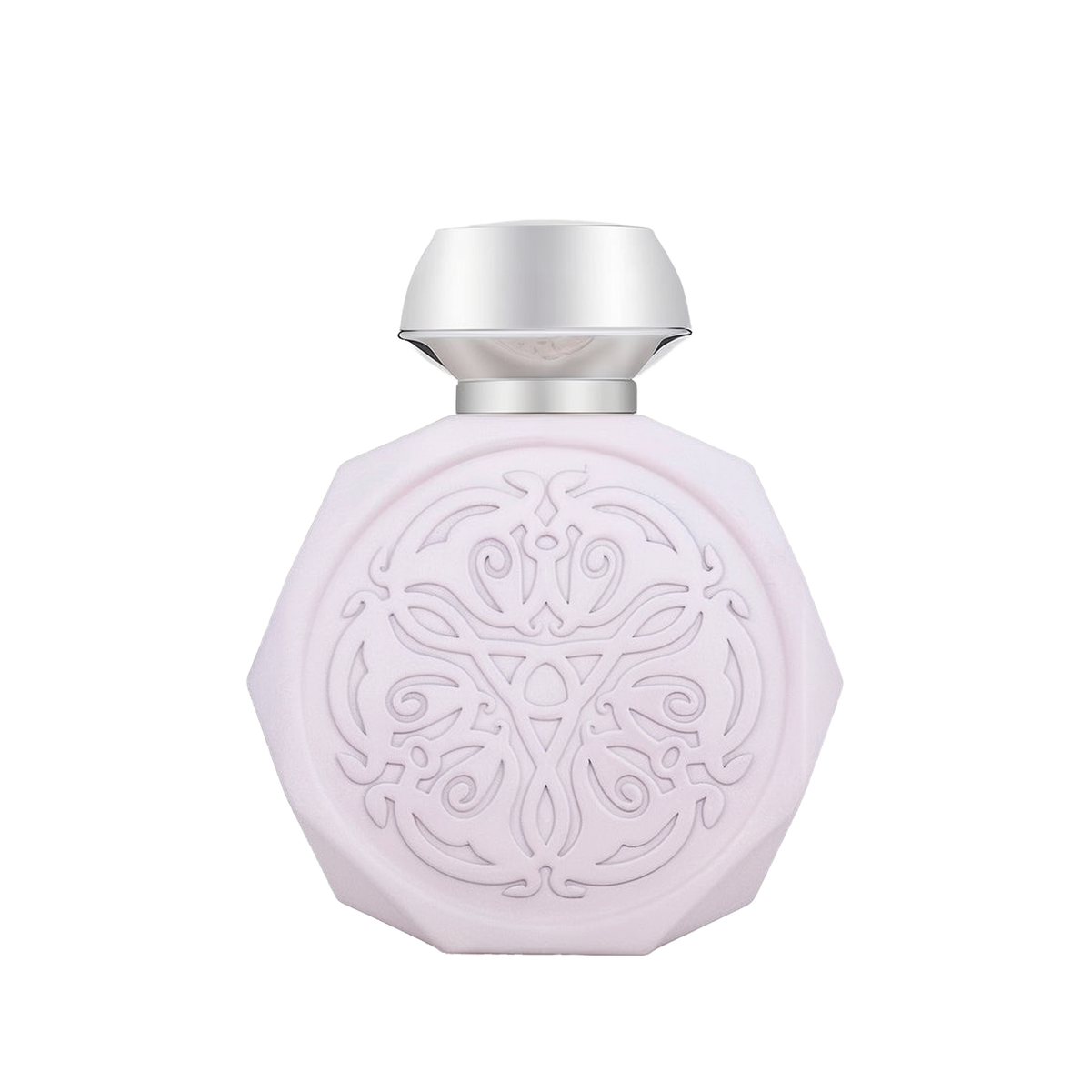 A pale pink, octagonal perfume bottle with intricate, embossed designs on the front. The bottle features a sleek, metallic silver cap that contrasts with the delicate design. The detailed pattern on the bottle adds an elegant and sophisticated touch to its overall appearance.