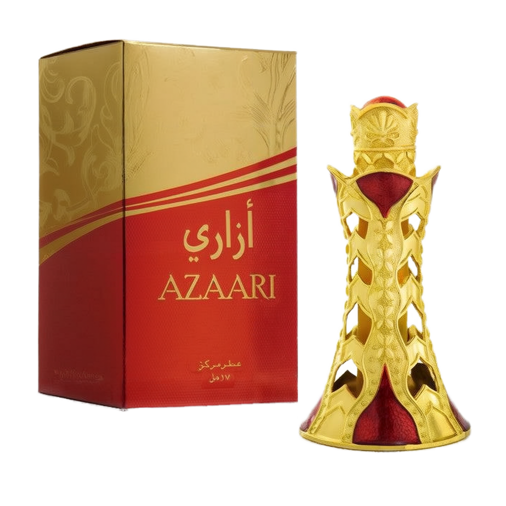 The image shows a product called "Azaari" by Khadlaj, which is a concentrated perfume oil. The perfume bottle has an elegant and regal design with gold accents and red velvet-like material visible through intricate gold cutouts. The bottle is topped with a decorative gold cap, enhancing its luxurious appearance. The packaging box features a gold and red design, with the product name "Azaari" displayed prominently in both English and Arabic.