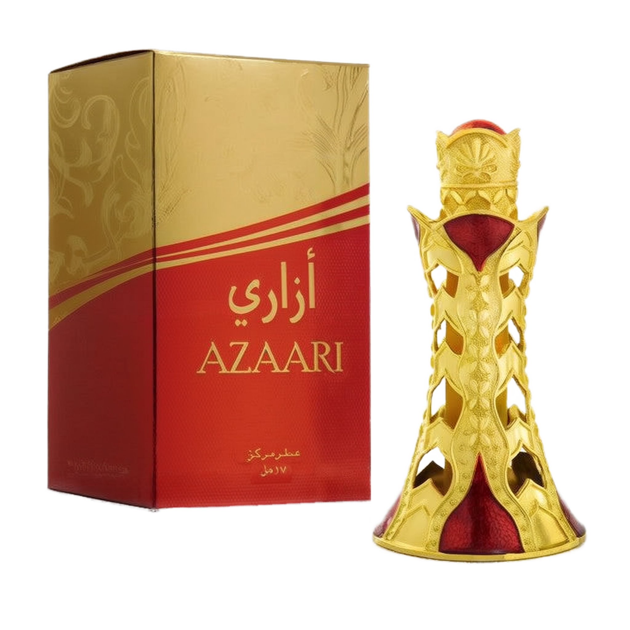 The image shows a product called "Azaari" by Khadlaj, which is a concentrated perfume oil. The perfume bottle has an elegant and regal design with gold accents and red velvet-like material visible through intricate gold cutouts. The bottle is topped with a decorative gold cap, enhancing its luxurious appearance. The packaging box features a gold and red design, with the product name "Azaari" displayed prominently in both English and Arabic.