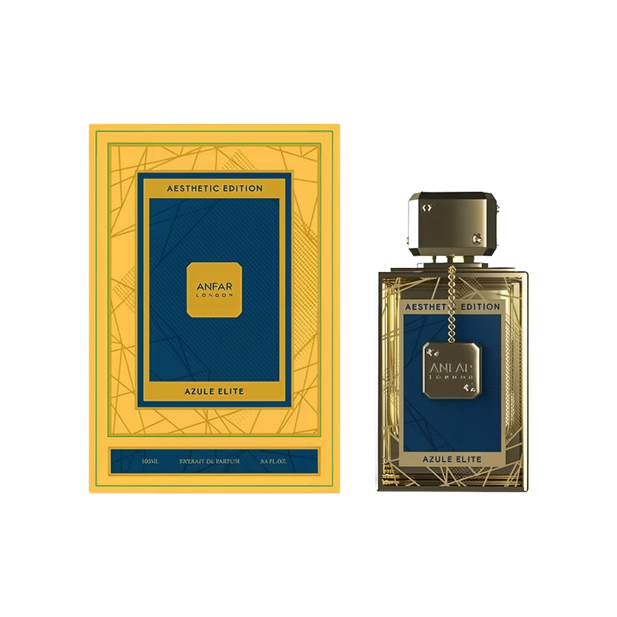 A rectangular gold and blue perfume bottle with a matching box. The box displays geometric line patterns and the words "Aesthetic Edition" and "Azule Elite." The bottle features a blue label framed by gold lines, a gold-toned cap, and a small decorative chain hanging from the neck.