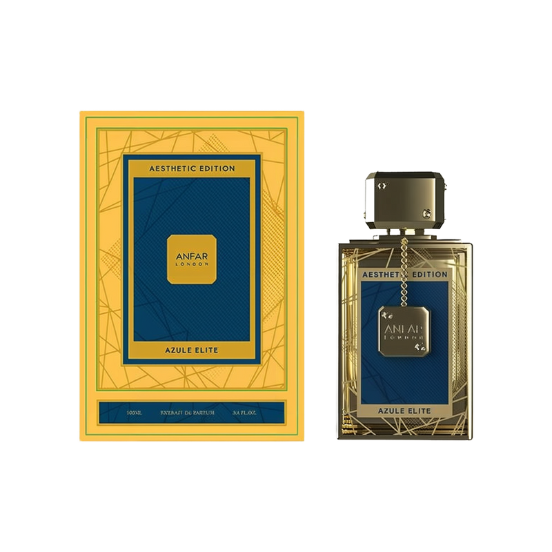 A rectangular gold and blue perfume bottle with a matching box. The box displays geometric line patterns and the words "Aesthetic Edition" and "Azule Elite." The bottle features a blue label framed by gold lines, a gold-toned cap, and a small decorative chain hanging from the neck.