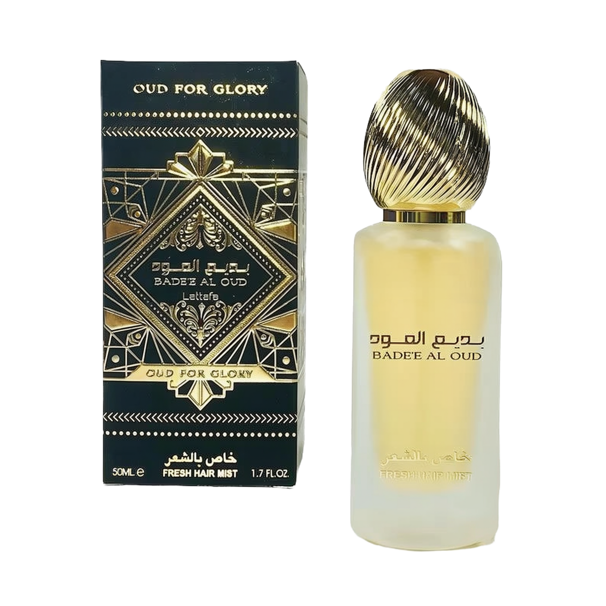 The image features a frosted glass perfume bottle with a golden ribbed cap and a black and gold packaging box. The box has an intricate geometric and arabesque design in black and gold, with the name "OUD FOR GLORY" and "BADEE AL OUD" prominently displayed, alongside the brand "Lattafa." The box also specifies "50ML / FRESH HAIR MIST / 1.7 FL.OZ." 